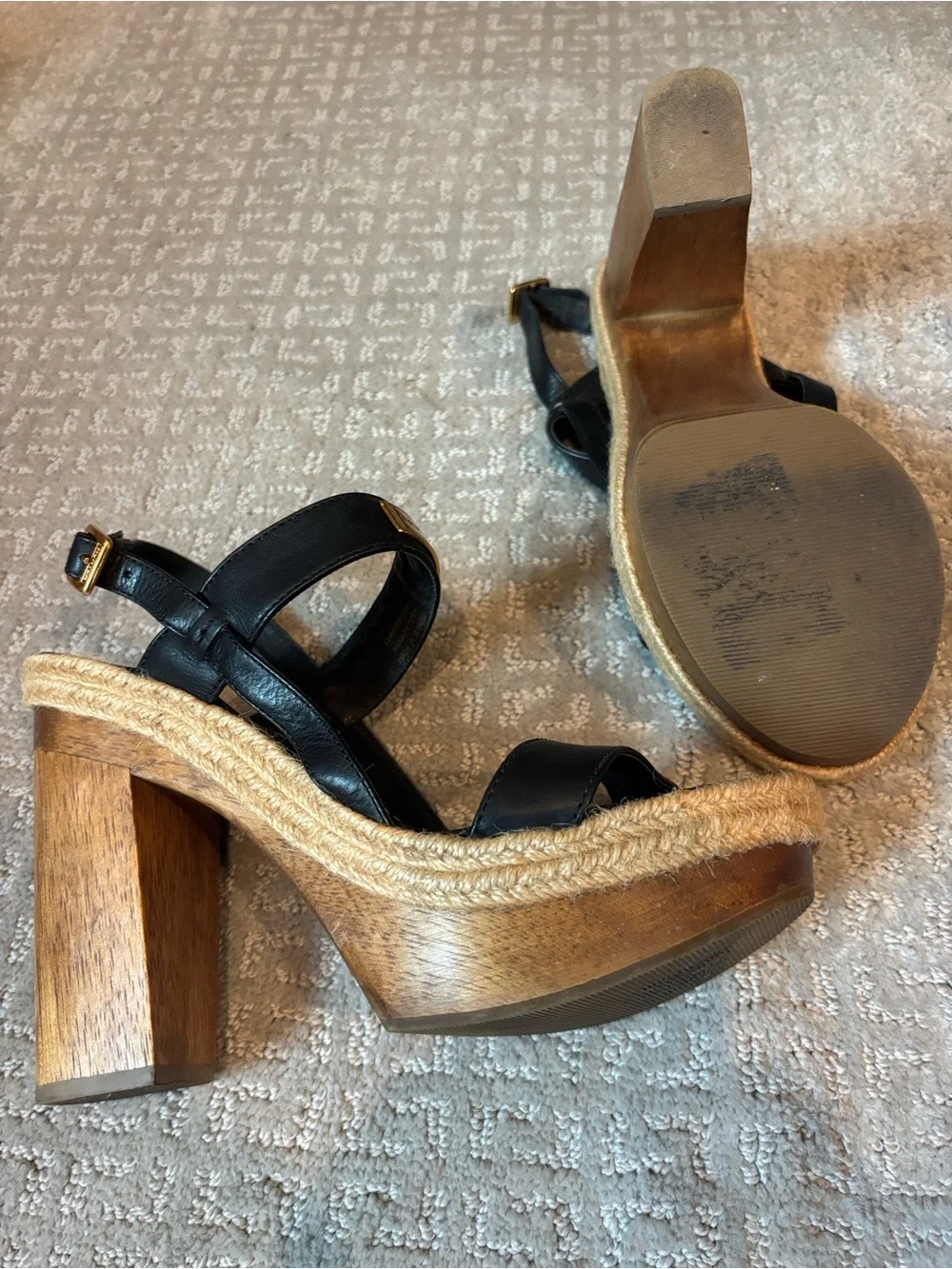 HUNTER Gonave Leather and Wood Block Heel Platform Espadrille Sandals, 9 GUC